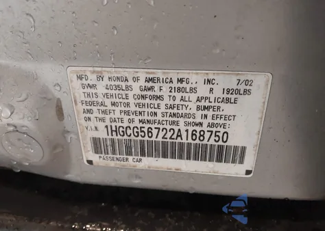 2002 Honda Accord 2.3 Se from USA, damaged, VIN 1HGCG56722A168750